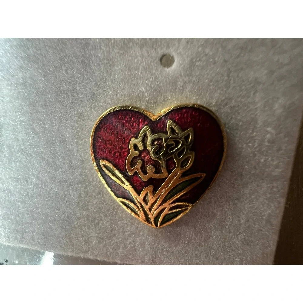 Vintage Genuine Cloisonne Heart Stud Earrings Red Gold Floral Botanical Dainty